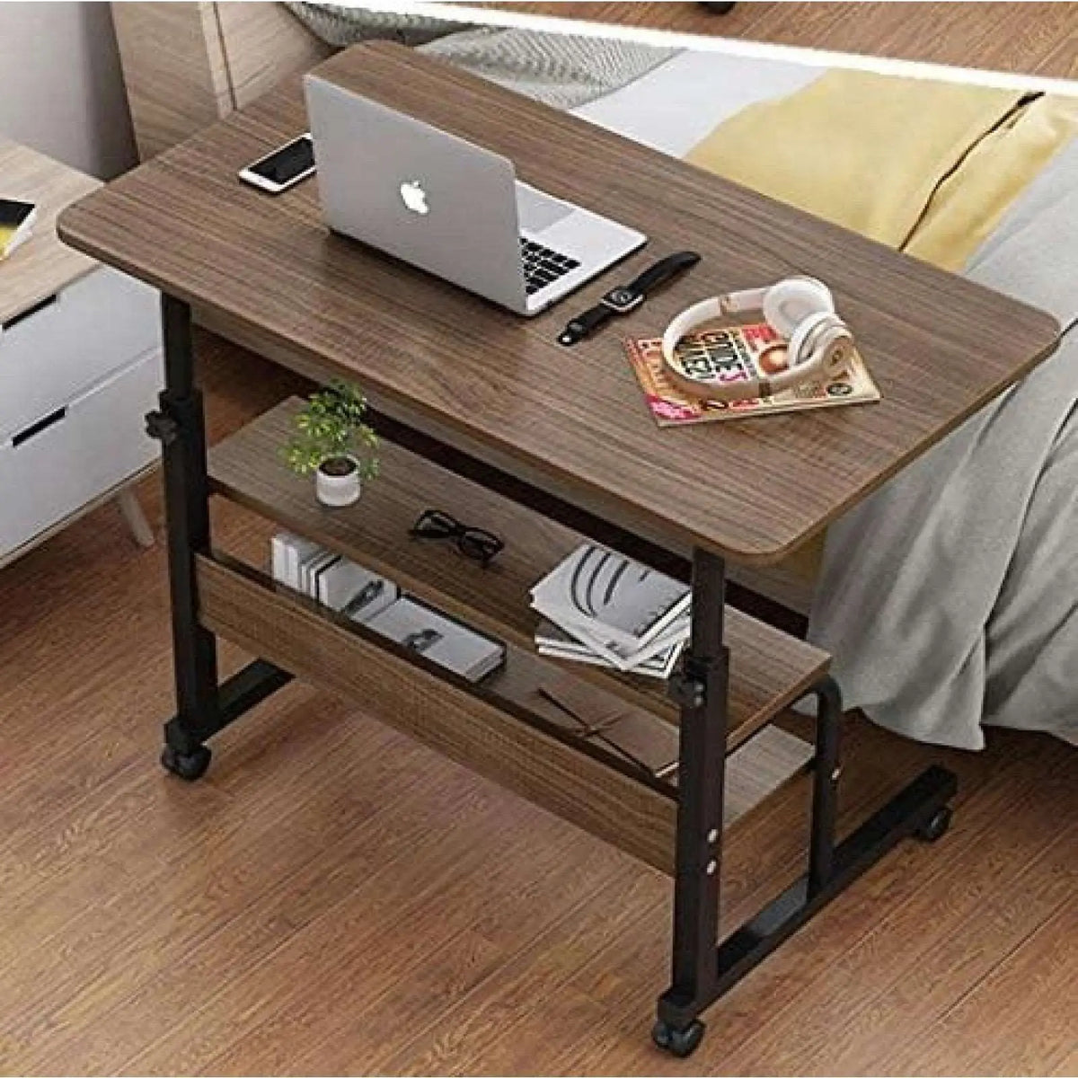 Laptop Side Table with 2 Storage Shelves